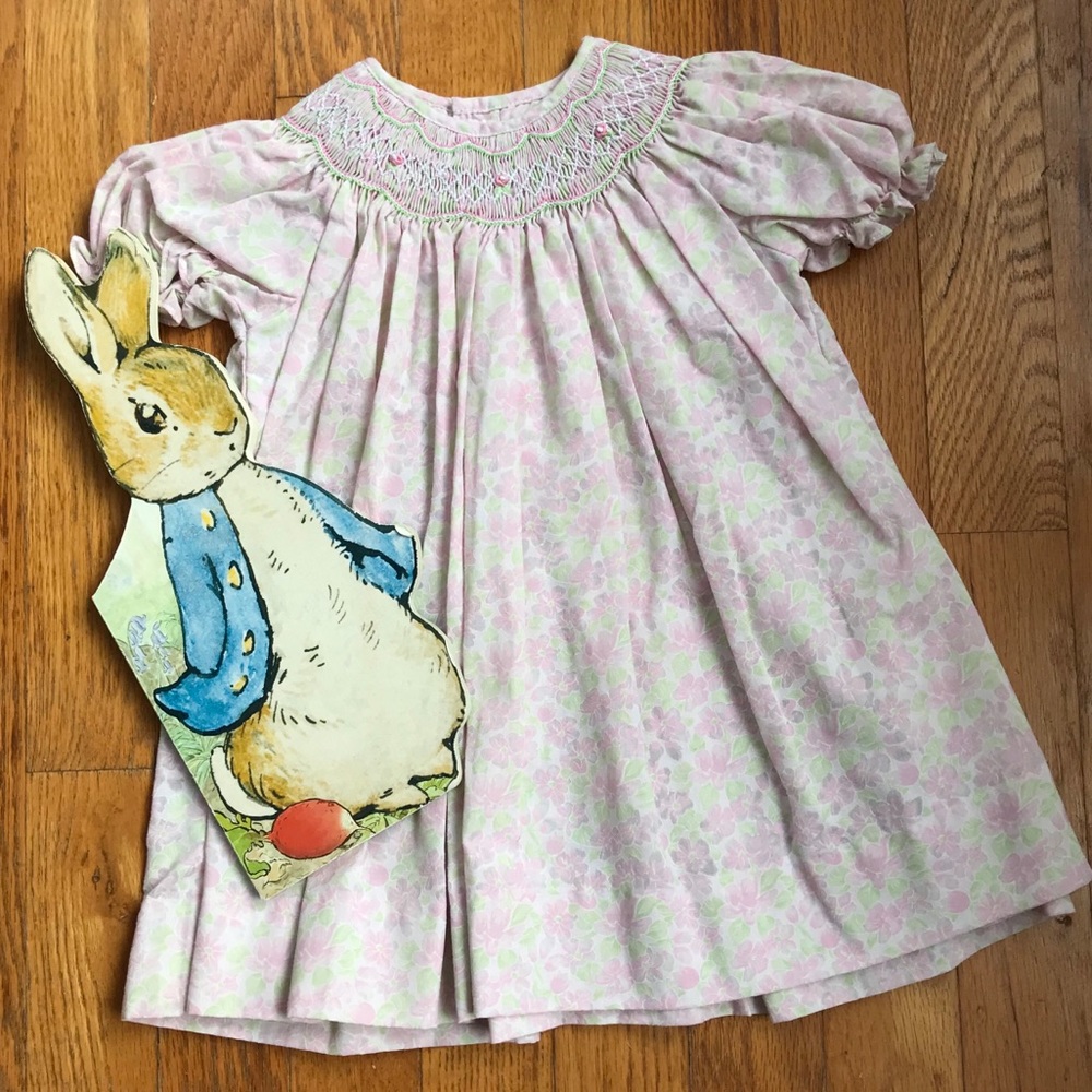 Girls 6 mos Pink and Green Floral Smocked Dress